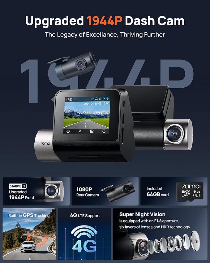 Dash Cam Front and Rear A510,1944P+1080P with STARVIS 2 IMX675 and 64GB Card, Dash Camera for Cars, 4G LTE Support, ADAS, Built-in GPS WiFi, APP Control, HDR, 24H Parking Mode, Loop Recording