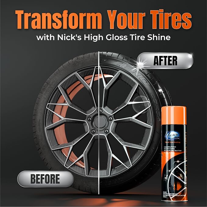 Nick's Professional Supplies High Gloss Tire Shine (1 Pack) - Long Lasting Tire Care - Your Ultimate Wet Tire Shine Spray for a Black Finish Shine on Ceramic Coating for Cars, Trucks, Motorcycles.