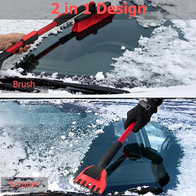 30–40" Extendable Snow Brush with Ice Scraper & Built-in Squeegee, Aluminum Handle, Scratch-Free Bristles, 3-in-1 Winter Car Tool for Cars, SUVs & Trucks, Red
