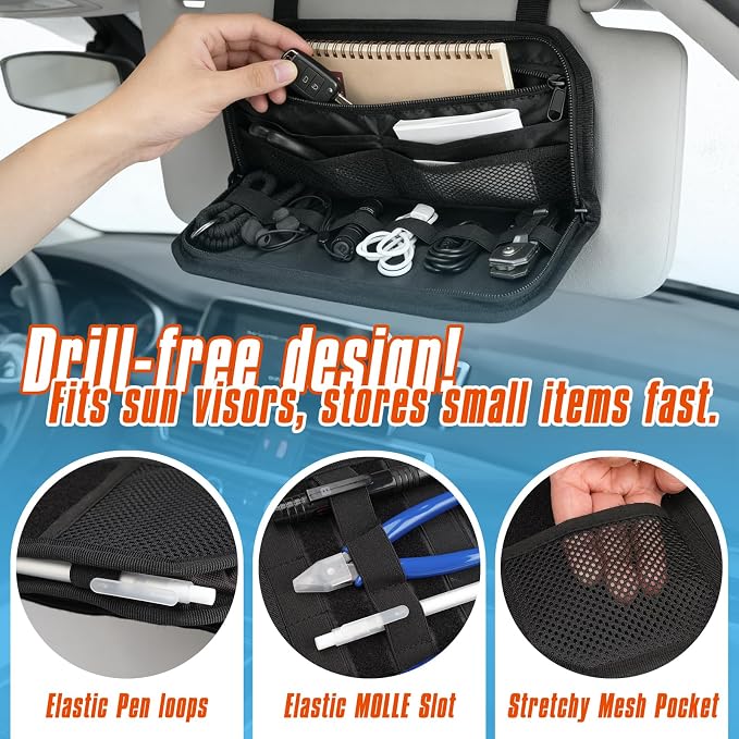 Molle Car Visor Organizer, Tactical Truck Accessories for SUVs Jeep, Sunglasses Holder & Zipper Pouch, Car Organizers and Storage, Semi-Rigid Panel, Police Gear Storage for Pickup Patrol
