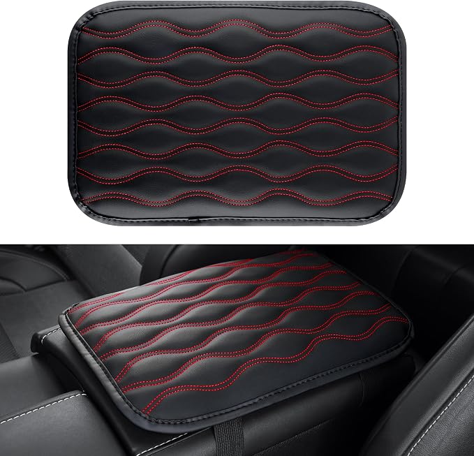 Car Center Console Cover, Upgraded Leather Car Armrest Cushion, Universal Waterproof Cushion Pad, Non-Slip Car Interior Accessories, Fits Most Sedans SUVs Trucks (Red Line)