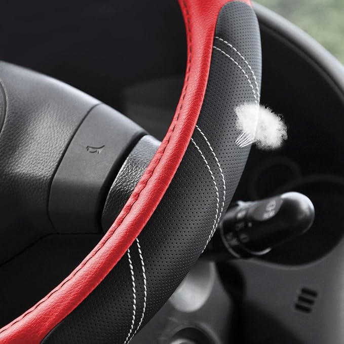 Leather Steering Wheel Cover 15 1/2 to 16 inch Universal Large Grip Breathable for Car Truck SUV Jeep Anti Slip Black and Red