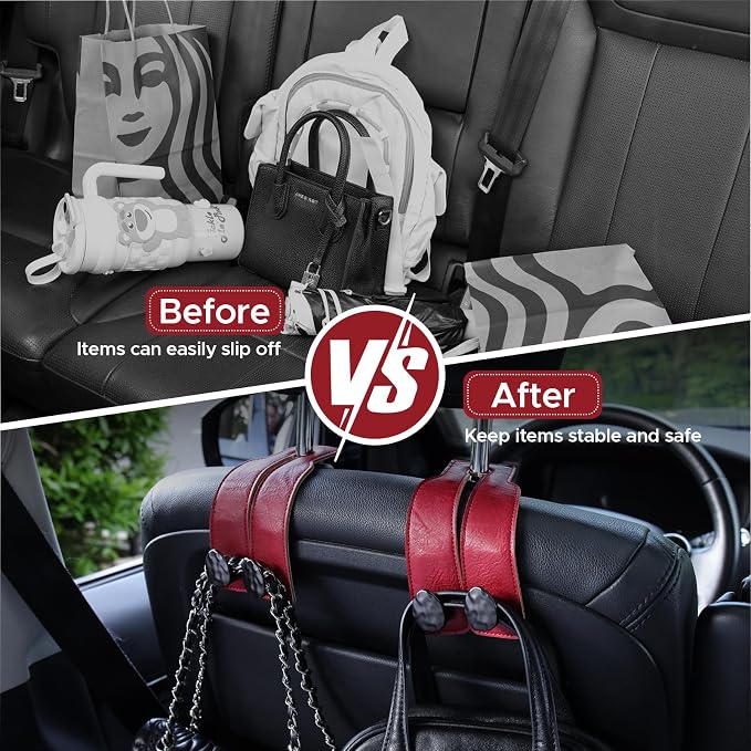 2PCS Leather Car Seat Hooks for Headrest, Vehicle Hanger Storage Organizer Universal for Handbag Purse, Car Accessories Gift (Red-Black)