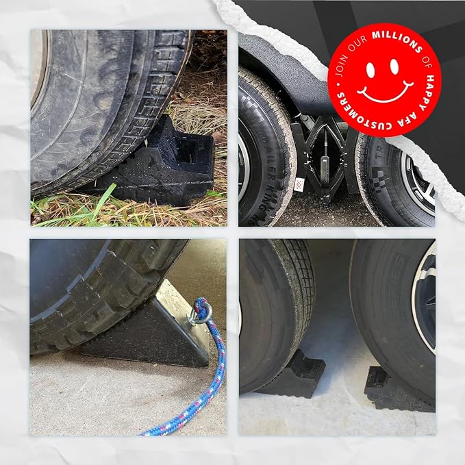 Wheel Chocks for Cars, RVs, Trucks, Trailers, and Vehicles G.V.W. up to 12T, 4 Pack - Anti Slip Bottom Tire Chock for All Weather Use - RV, Travel Trailer, Pop Up Camper Accessory
