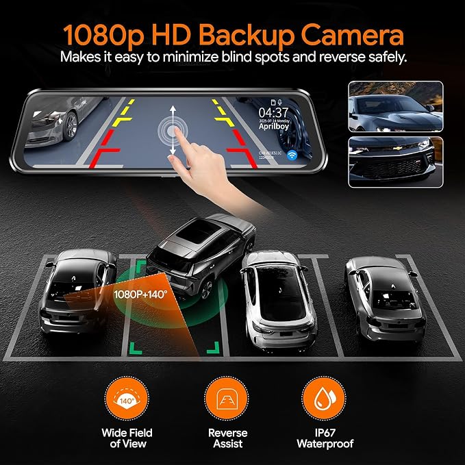 3 Channel Mirror Dash Camera for Cars,9.66" Triple Rear View Mirror with Front 4K/3K, Inside and Rear 1080P with WiFi, G-Sensor, Night Vision, Reverse Assist, Parking Monitoring (Include 64GB Card)