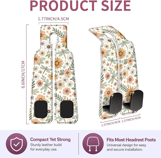 Car Seat Back Storage Hook, Funny Car Purse Hook, Cute Vehicle Storage Organizer for Purses Handbags Orange Floral Dragonfly