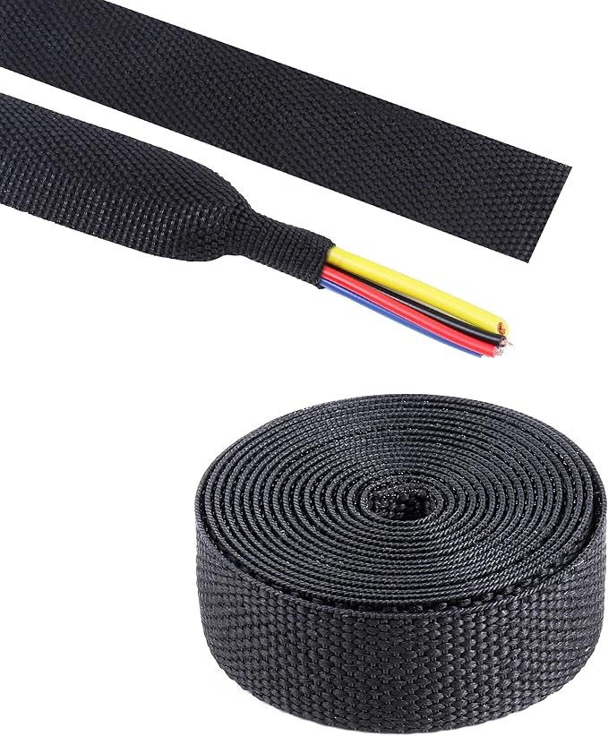 Black 2:1 Ratio Automotive Heat Shrink Braided Sleeving,Wear-Resistant Flat Woven Shrinkable Sleeve Fabric Car Cable Wires Hoses Protection (3/4"-66ft)