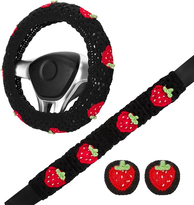 Crochet Steering Wheel Cover Set,Cute Car Steering Wheel Cover Boho 14-15in,Black Strawberry Granny Square, Hippie Car Accessories for Women(Black Strawberry Cover Set)