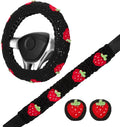 Crochet Steering Wheel Cover Set,Cute Car Steering Wheel Cover Boho 14-15in,Black Strawberry Granny Square, Hippie Car Accessories for Women(Black Strawberry Cover Set)