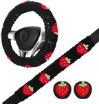 Crochet Steering Wheel Cover Set,Cute Car Steering Wheel Cover Boho 14-15in,Black Strawberry Granny Square, Hippie Car Accessories for Women(Black Strawberry Cover Set)