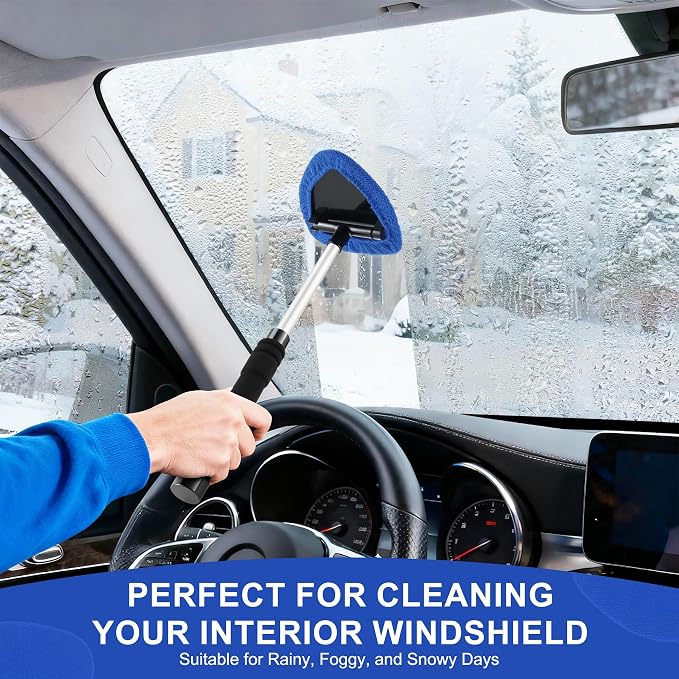 Windshield Cleaner Tool, Car Interior&Exterior Window Cleaning Tool with Extendable Handle & 4 Reusable Microfiber Pads, Auto Glass Wiper Brush Kit for Cars (Blue)