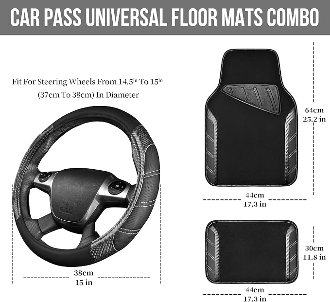 Leather Steering Wheel Cover and Waterproof Car Floor Mats,Microfiber Universal Car Combo Fit for 95% Sedan,SUV,Cars,14.5-15inch Sporty Anti-Slip Safety Comfortable Design(Carbon Fiber Black)