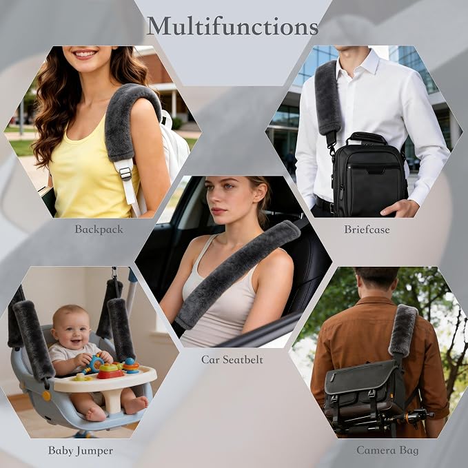 Soft Faux Fur Universal Fit Seatbelt Cover Car Truck SUV Airplane Seat Belt Shoulder Pad for Carmera Backpack Straps Neck Cushion Protector Extra Long 25.6in Dark Gray