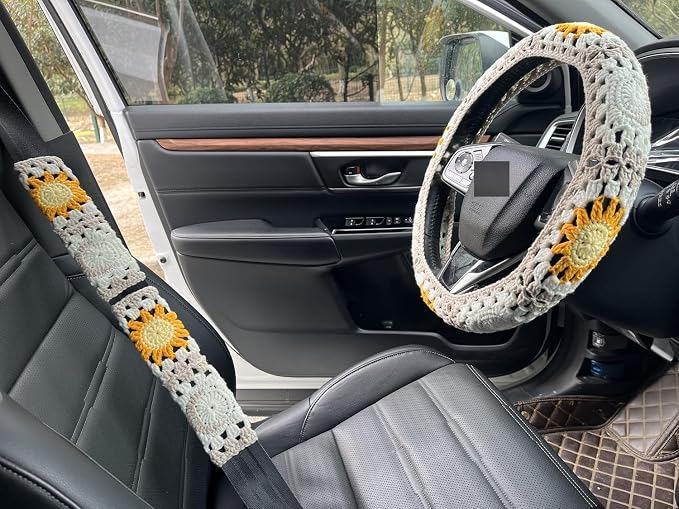 Handmade Crochet Sun Moon Car Steering Wheel Covers Universal 14-15 inch,Cute Steering Wheel Cover,Car Accessories (Steering Wheel Cover+2 Belt Cover)