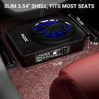 Car Underseat Subwoofer Amp – 10" 1200W RGB, fits SUV/Truck,Scorpion | Powered sub and amp package with adjustable gain, bass boost & low pass, plus beat-synced RGB lighting for under-seat install