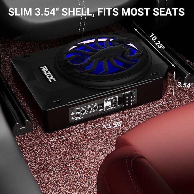 Car Underseat Subwoofer Amp – 10" 1200W RGB, fits SUV/Truck,Scorpion | Powered sub and amp package with adjustable gain, bass boost & low pass, plus beat-synced RGB lighting for under-seat install