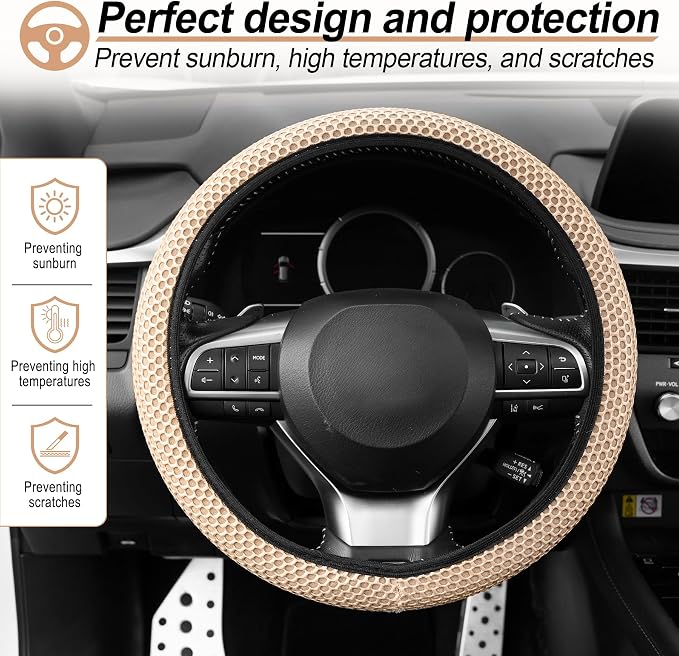 Elastic Stretch Steering Wheel Cover, Breathable Microfiber Ice Silk, Anti-Slip, Car Interior Accessories Fits for 14"-15" Steering Wheel Covers for Women & Men(Beige)