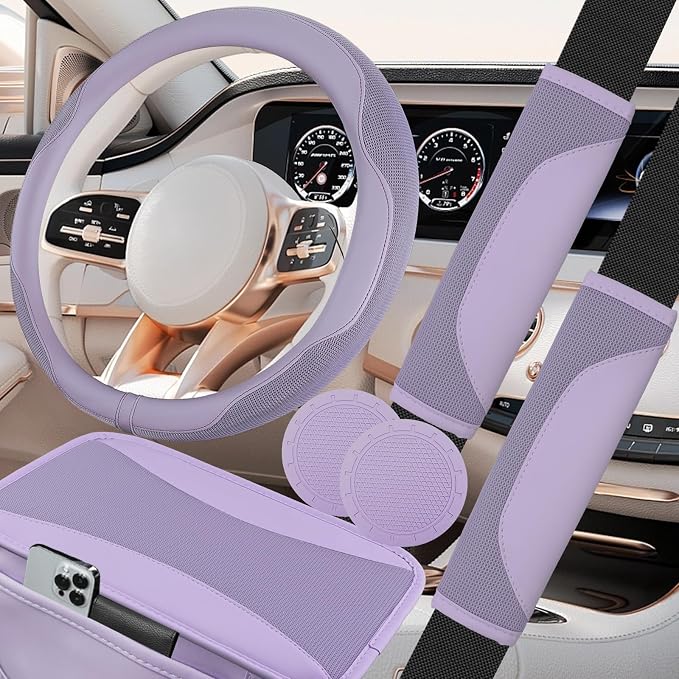 6 PCS Nappa Microfiber Leather Purple Steering Wheel Cover Set, Breathable Fabric Steering Wheel Cover 14.5-15inch Universal, Car Center Console Cover, Seat Belt Cushion, Cup Holder Coaster