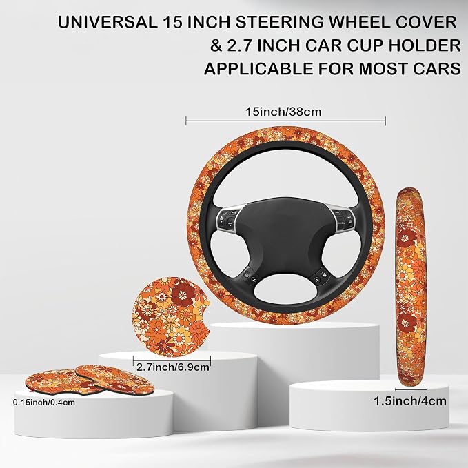 Boho Orange Flowers Steering Wheel Cover with 2 Pcs Car Coasters Neoprene Steering Wheel Cover for Women Men Anti-Slip Breathable Car Accessories Universal 15 Inch Fit Auto Cars Trucks