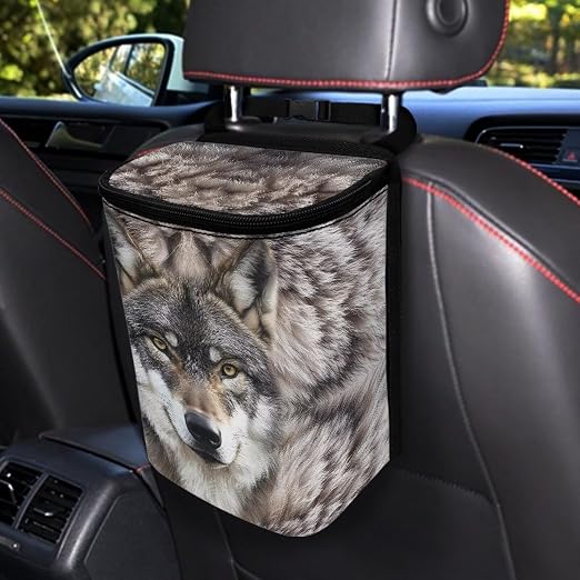 Wolf Print Car Trash Can with Lid, Leak Proof Auto Trash Bag Hanging Vehicle Garbage Can Multipurpose Storage Container for Back Seat Road Trip