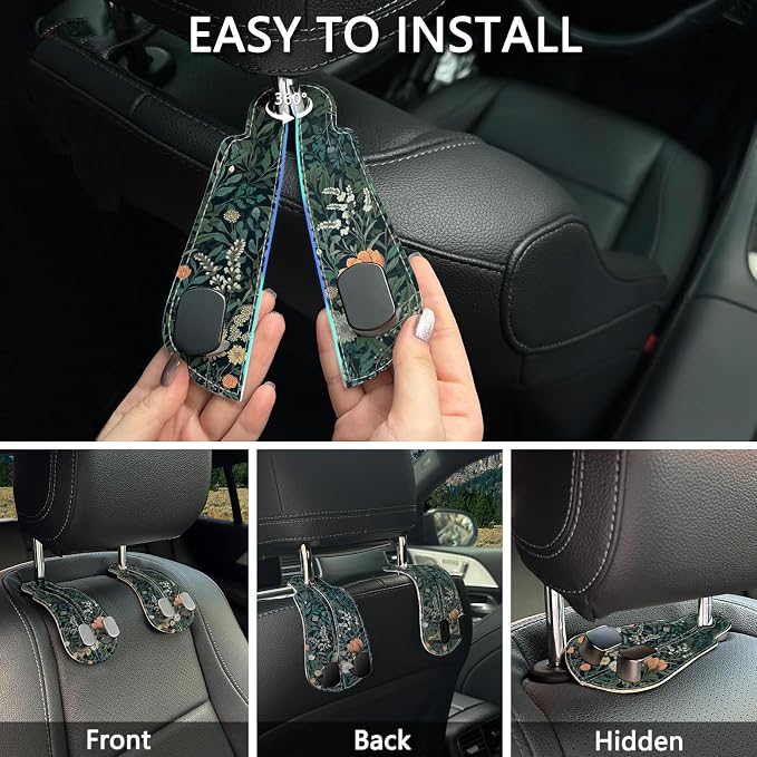 2PCS Car Hooks for Purses Bags, Weeds Floral Flowers Wildflowers Plants Seat Back Storage Headrest Holder Hanger PU Leather Double Backseat Organizer, Women Car Accessories Organization