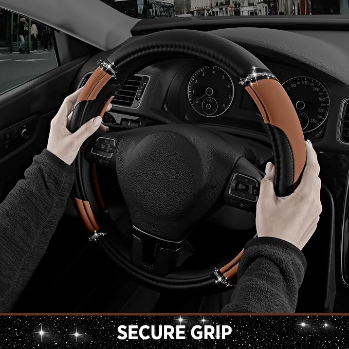 Leather Steering Wheel Cover - Made with PVC Leather Bling Design - Anti-Slip Wheel Cover Universal Fit Most 14 1/2 inches to 15 inches - Brown Color