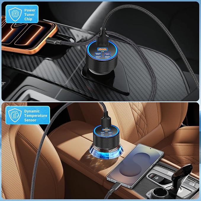 [Apple MFi Certified] iPhone 17 Car Charger, 6-Port 120W USB-C&USB-A Power Cigarette Lighter PD/QC Multiport Fast Car Charger + Type-C Braided Cord for iPhone 17 Pro/16/15/Galaxy S26/S25/Pixel