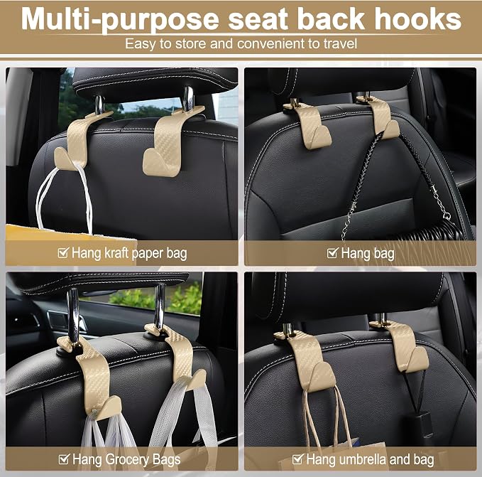 Car Purse Hook, Headrest Hook for Car, 4 Pack Universal Auto Car Seat Headrest Hook Hangers Organizer for Purse Coat Umbrellas Grocery Bags Handbag, Car Accessories - Carbon Fiber Beige