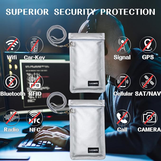 Faraday Bags for Phone - Farady Pouch Key Fob Protector w/Lanyard, RFID Signal Blocker for Car Keys Anti-Theft, Cell Phone Signal Blocking Bag Anti-Hacking, Fire-Resistant, 2 Pack, Silver