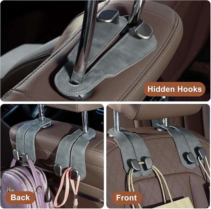 CoBak Purse Hook for Car - Universal Premium Stitched Leather and Aluminum-Magnesium Alloy Double Car Seat Back Storage Hook for Purses, Handbags, Bags (2 Pack),Gray