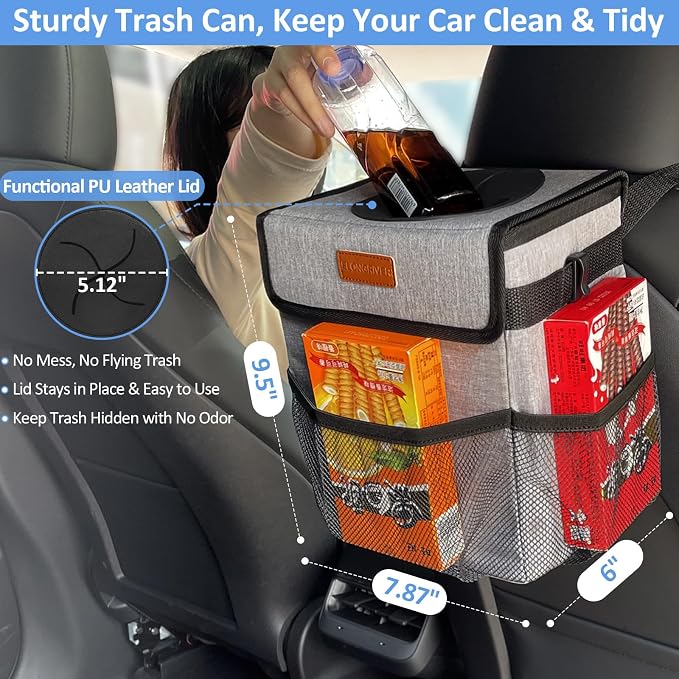 Car Trash Can Bin for Back Seat Leak Proof, Cute Car Trash Bag Hanging, Vehicle Trash Can for SUV Truck Van, Automotive Garbage Cans Front Seat Grey