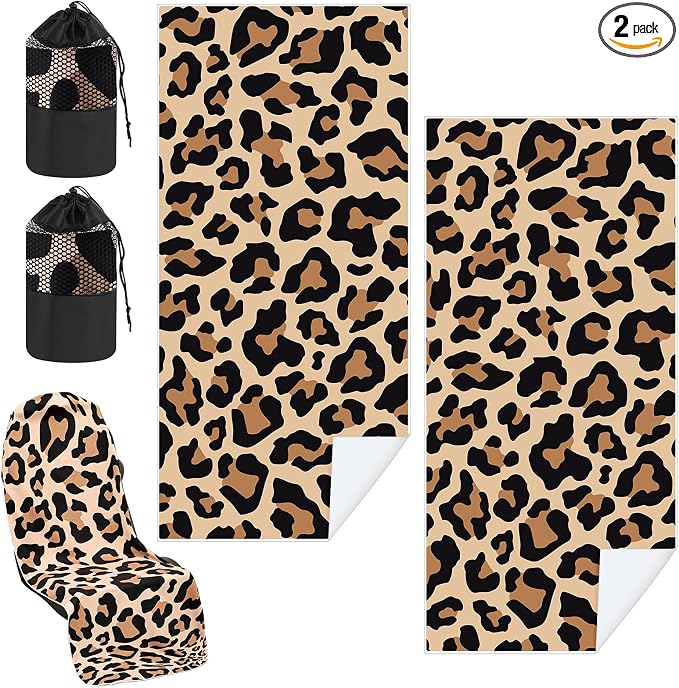 2 Pack Car Seat Towel Covers with Storage Bag, 63 x 32 Inch Universal Non Slip Waterproof Sweat Protector for Car Truck, Gym Swimming Running, Machine Washable (Yellow Black Leopard Print)