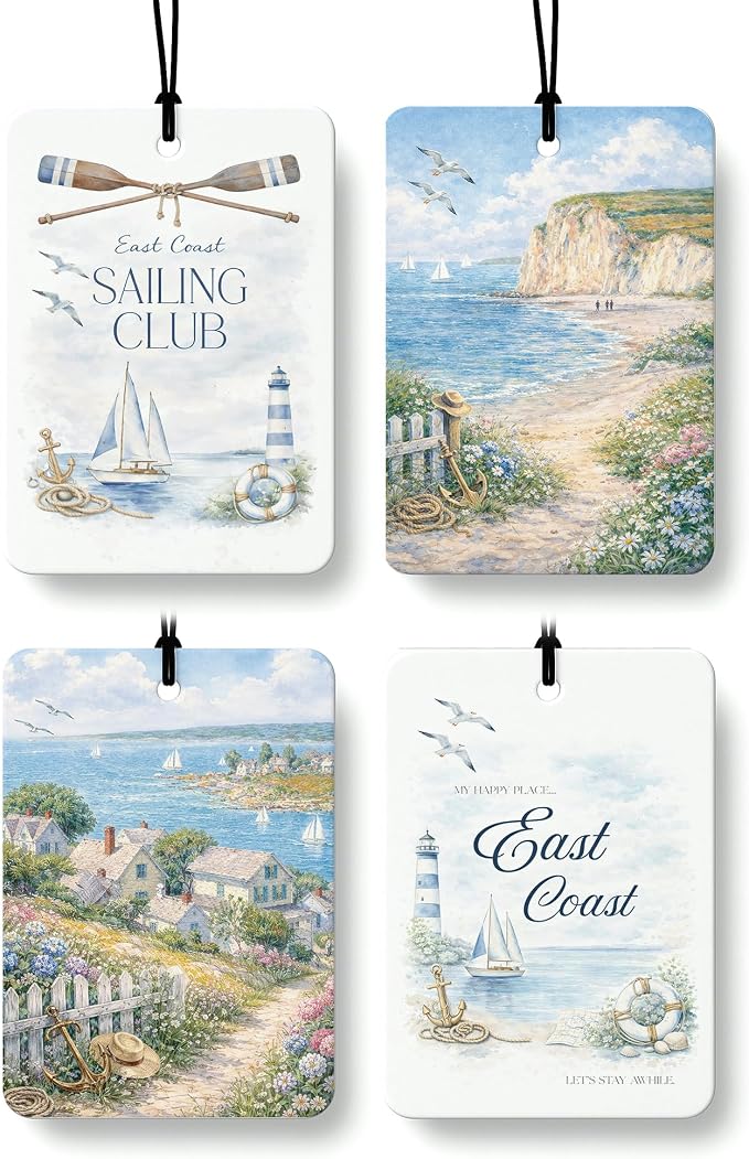 Vintage Coastal Beach Car Air Freshener 4 Pcs Coconut Scented, East Coast Seaside Car Accessories Mirror Decor for Women, Nautical Ocean Hanging Air Freshener for Cars Closet Drawer Books