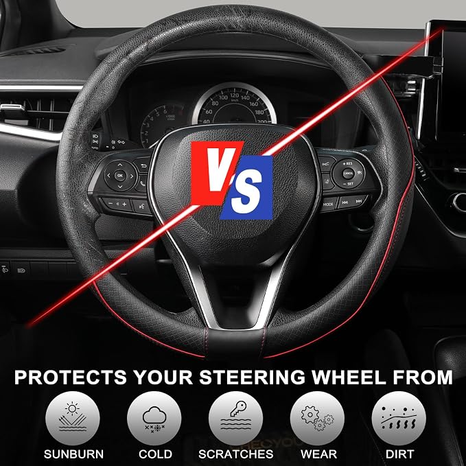 Steering Wheel Cover 14.5-15 inch (37-39 cm) Medium Size, Microfiber Leather, Non-Slip Comfortable Grip, Fits Cars Trucks SUVs, Black and Red