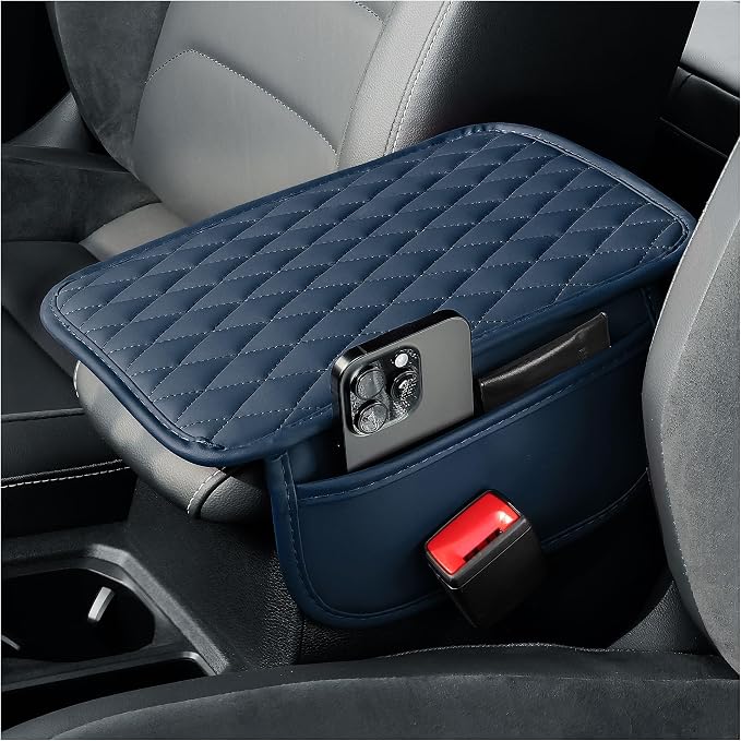 carleef Arm Rest Cover for Car,Leather+Memory Foam Center Console Cover with Storage Bags,Universal Middle Console Cover Car Accessories Interior for Most Cars Center Consoles (Blue)