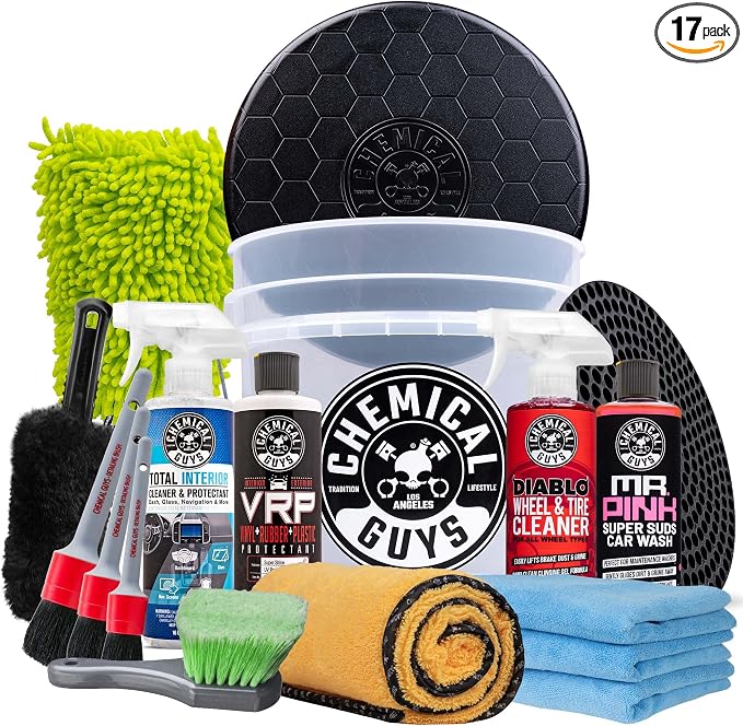 Car Detailing Kit, Car Cleaning Kit with Total Interior Cleaner & Protectant, Sprayable Wheel Cleaner, Car Wash Soap, Bucket, Brushes, and Detailing Accessories - 17 Piece Wash Kit