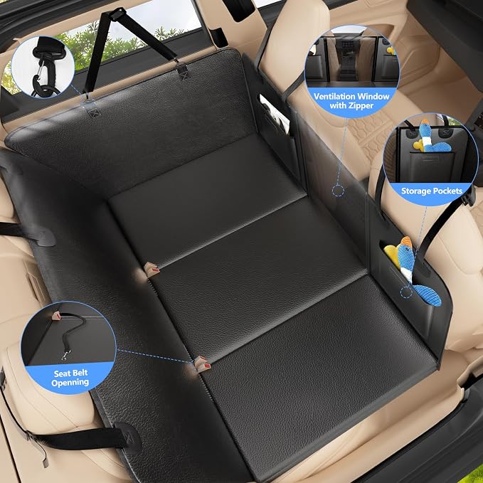 Back Seat Extender for Dogs-Large Space, Hard Bottom PU Leather Dog Car Seat Cover for Back Seat 420lb, Anti-Scratch Backseat Extender for Dogs,Waterproof Dog Hammock for Car, SUV, Truck