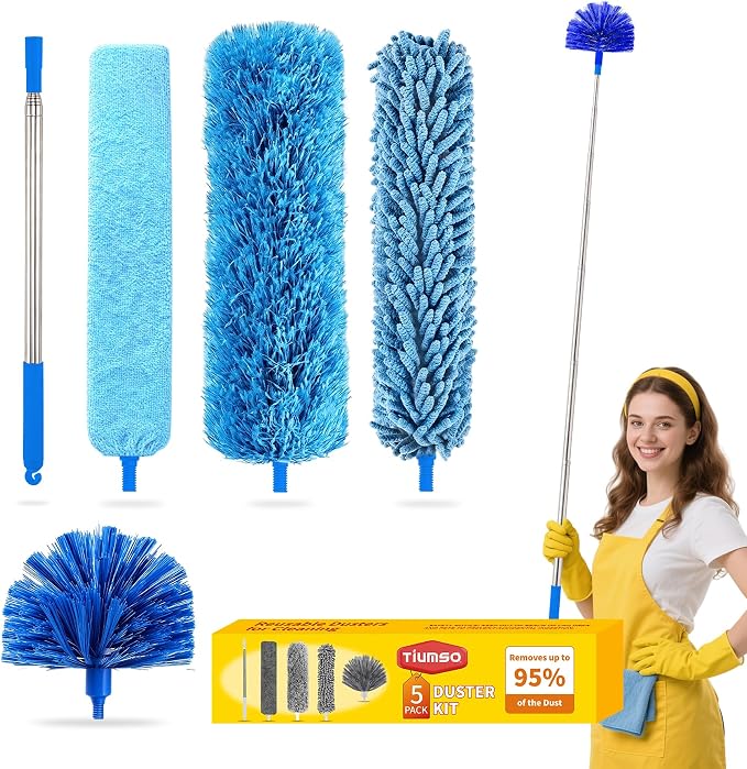 5-in-1 Microfiber Duster Kit with 100” Extension Pole – Reinforced Stainless Steel Telescopic Handle for High Ceiling Fans, Cobwebs & Vents – Multi-Head Dusters for Cleaning with Anti-Spin Pole