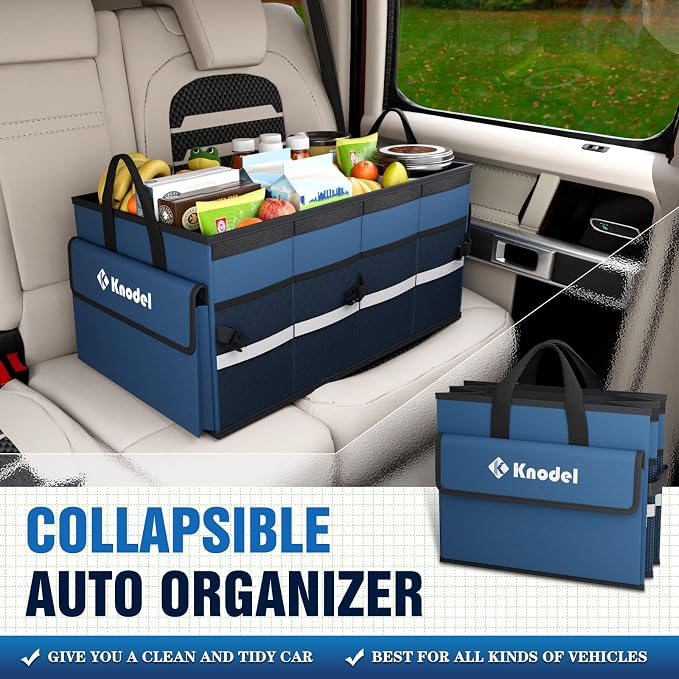 K KNODEL Car Trunk Organizer with Lid, Collapsible Car Trunk Storage Organizer, Car Organizer and Storage for SUV, Truck, Sedan (Medium, Blue)