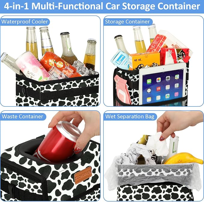 Car Trash Can Bin for Back Seat Leak Proof, Cute Car Trash Bag Hanging, Vehicle Trash Can for SUV Truck Van, Automotive Garbage Cans Front Seat Cow Print