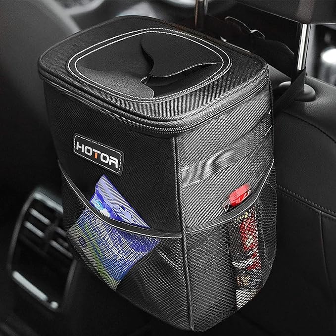 Car Trash Can with Lid and Storage Pockets - 100% Leak-Proof Organizer, Waterproof Garbage Can, Multipurpose Trash Bin for Car, 2 Gallons, Black