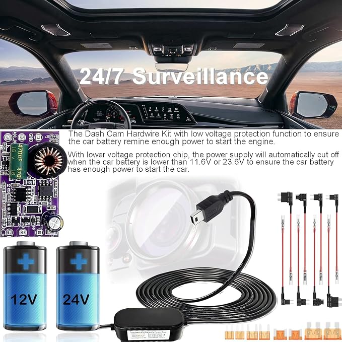 Dash Cam Hardwire Kit, Car Dash Camera Mini Charger Hard Wire Kit for Dashcam DC 12-24V to 5V/2.5A Low Voltage Protection 24h Parking Surveillance with Fuse Tap