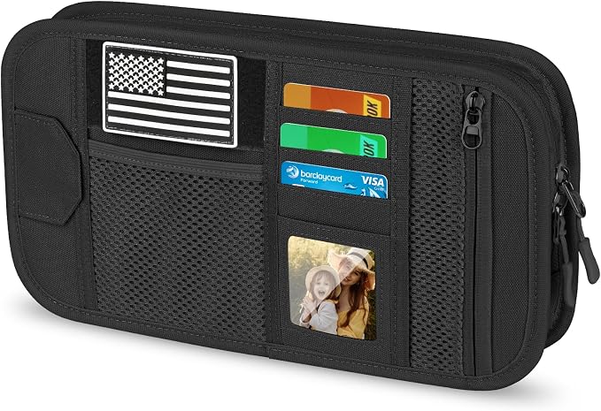Car Sun Visor Organizer, Tactical Car Accessories with Zipper Storage Pouch, Glasses Clip Card Sleeve Pocket, Multi-Pocket Visor Organizer Fits Most Cars, SUVs, Trucks