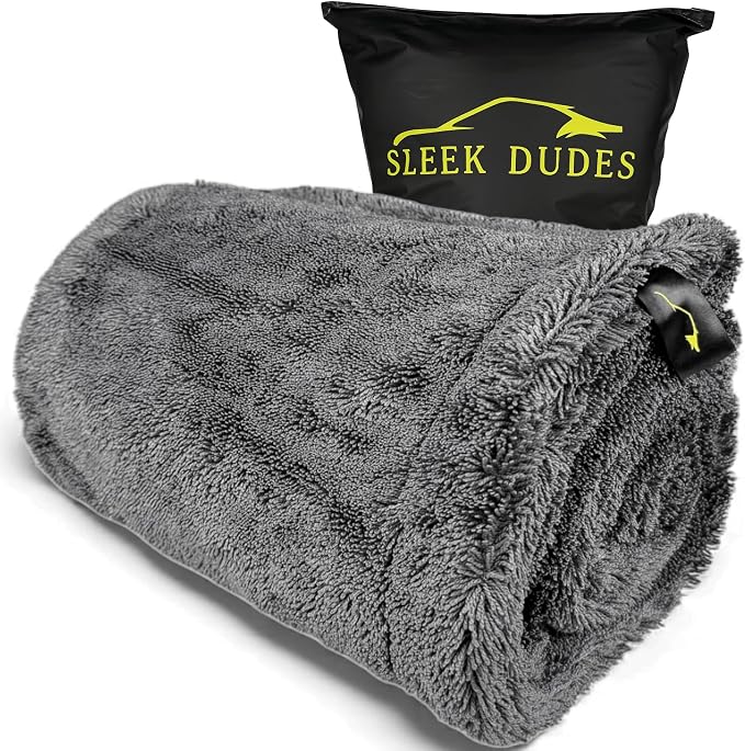 Sleek Max Dry 2000GSM Car Drying Towel 20x31, Grey | Ultra-plush twist-loop microfiber, maximum absorption, soft on paint, double-sided, cars, trucks, SUVs & full-vehicle drying
