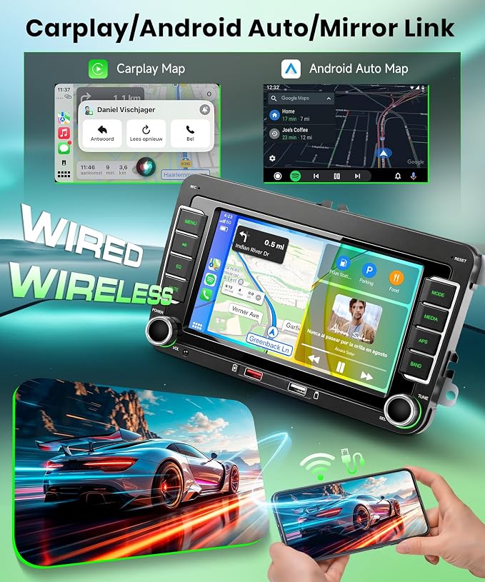 Double Din Car Stereo Wireless Carplay Android Auto for VW Passat Golf MK5 MK6 Jetta T5 EOS Seat Sharan, 7'' Car Radio IPS Screen GPS Bluetooth FM/AM/RDS EQ SWC Backup Camera Dual USB Ports