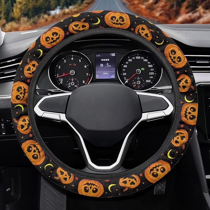 Halloween Car Steering Wheel Cover 15 Inch Universal Breathable Soft Anti-Slip Auto Accessories Steering Wheel Protector Fit for Most Vehicles, Pumpkin Moon Star