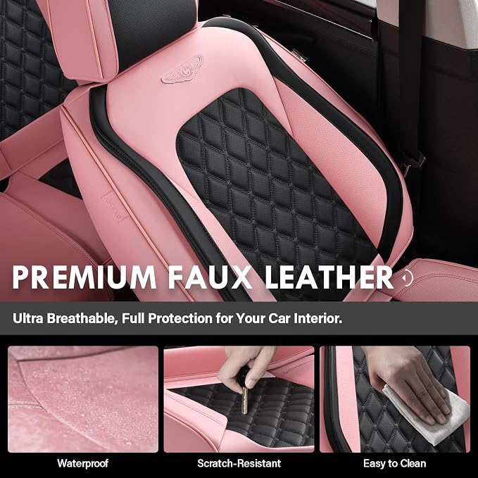 Coverado Car Seat Covers Front Seats, Stylish Waterproof Faux Leather Full Set with Rear Protectors for Sedan SUV Truck, Luxury Fashion Interior – PinkBlack