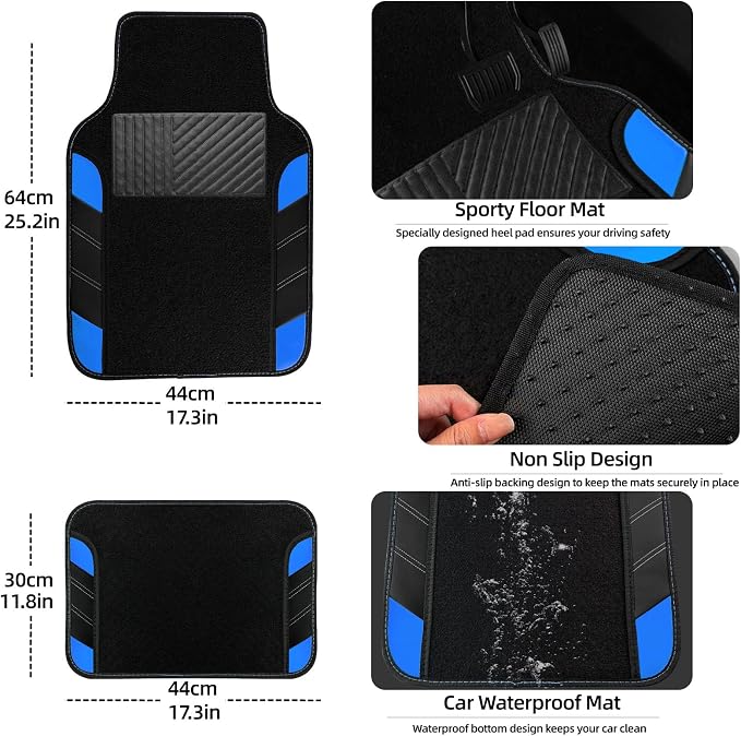 10 Pcs Car Floor Mats Full Set & Sport Leather Steering Wheel Cover 14.5-15 inch, Center Console Cover, Seat Belt Cushion, Cup Holder Coaster, Universal Automobile Interior Sets (Blue)