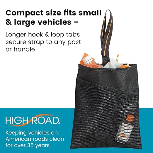 Small Hanging Car Trash Bag with Waterproof Liner, Storage Pocket and Adjustable Strap - Hangs from Handles or Headrest Posts Without Taking Up Legroom