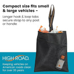 Small Hanging Car Trash Bag with Waterproof Liner, Storage Pocket and Adjustable Strap - Hangs from Handles or Headrest Posts Without Taking Up Legroom